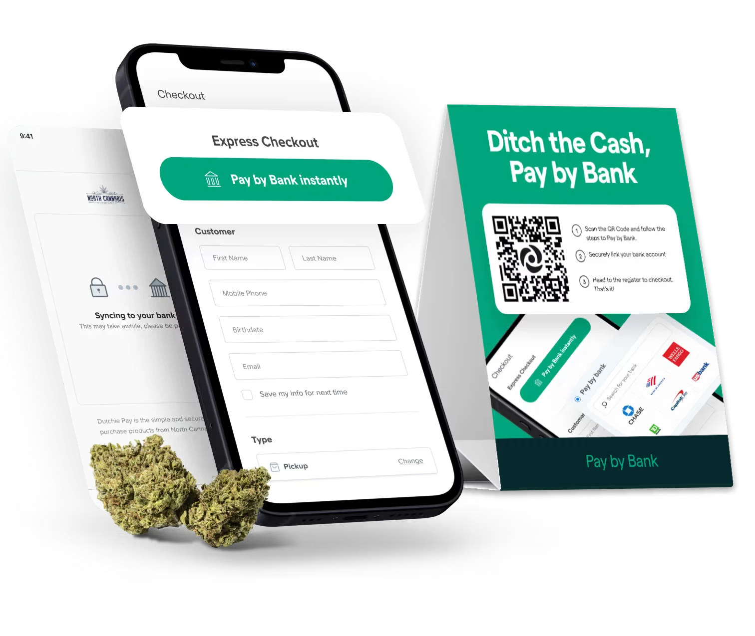 Pay by Bank express checkout at King of Budz dispensary, with phone mockup and QR code